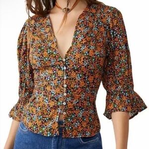 Free People Multicolor Floral Button-Front Peasant Blouse